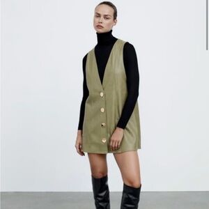 Zara Faux Leather Pinafore Dress Sage Green Gold Buttons with pockets